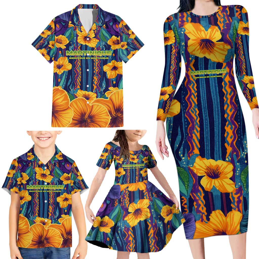 Martinique Map and Hibiscus Family Matching Long Sleeve Bodycon Dress and Hawaiian Shirt Island Silhouette with Tribal Stripe Accents