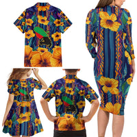 Martinique Map and Hibiscus Family Matching Long Sleeve Bodycon Dress and Hawaiian Shirt Island Silhouette with Tribal Stripe Accents