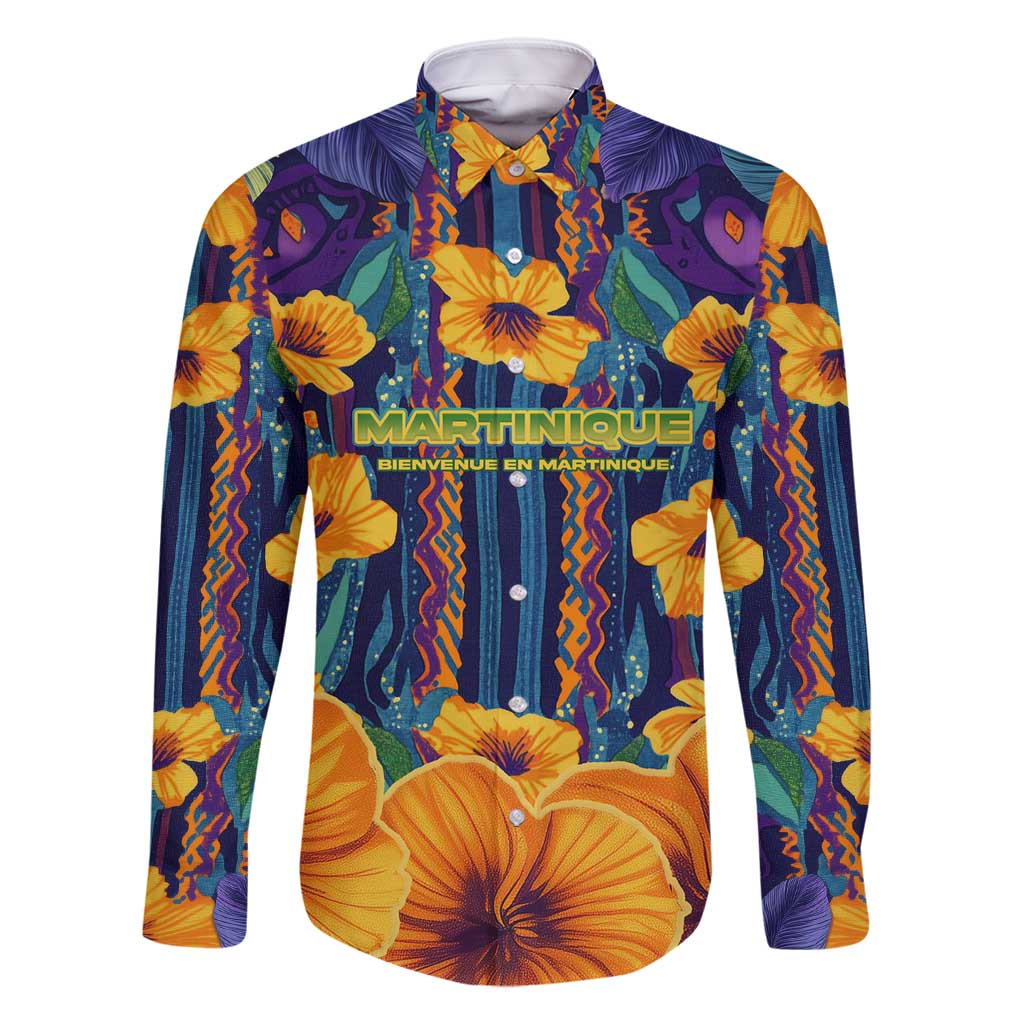 Martinique Map and Hibiscus Family Matching Long Sleeve Bodycon Dress and Hawaiian Shirt Island Silhouette with Tribal Stripe Accents