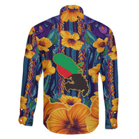 Martinique Map and Hibiscus Family Matching Long Sleeve Bodycon Dress and Hawaiian Shirt Island Silhouette with Tribal Stripe Accents