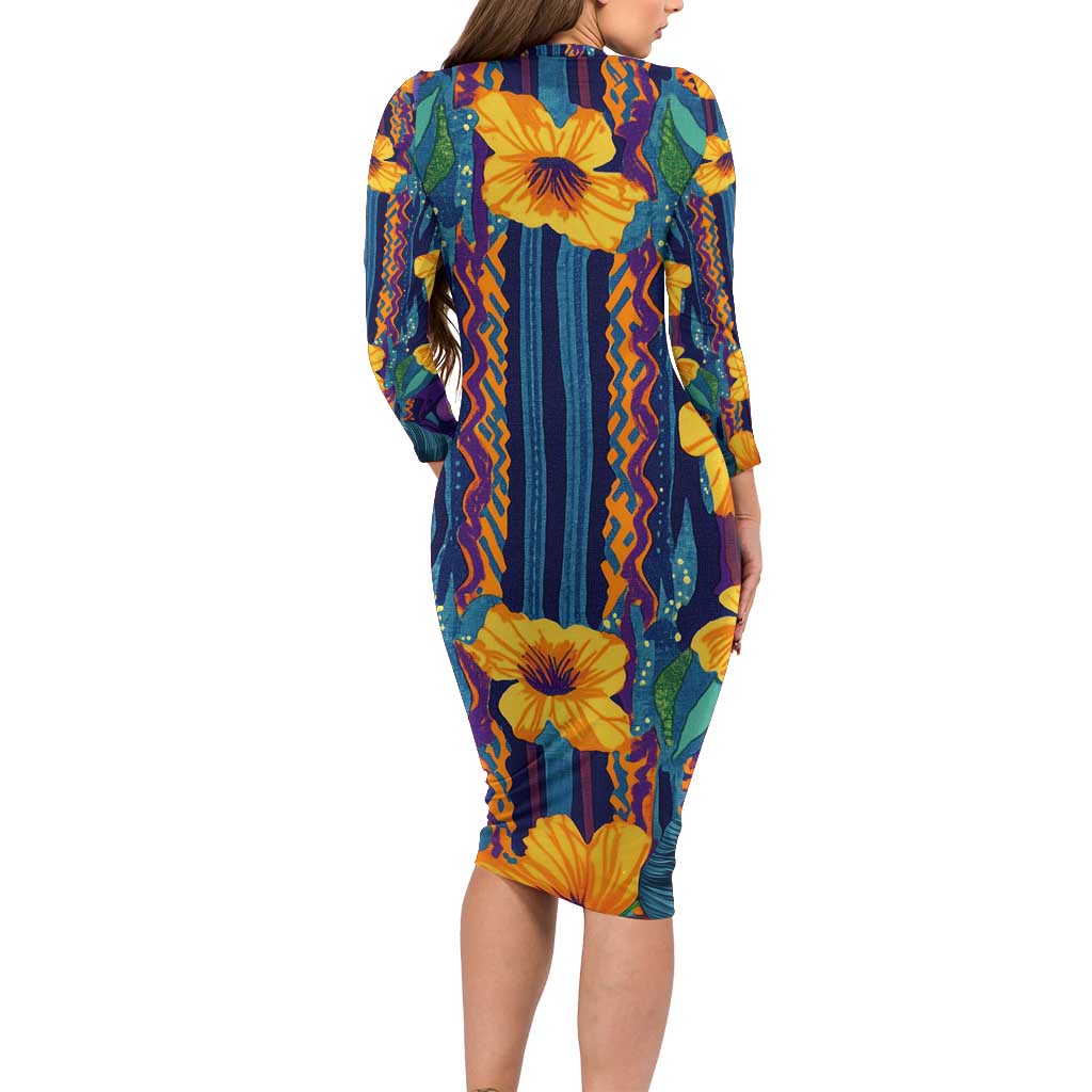 Martinique Map and Hibiscus Family Matching Long Sleeve Bodycon Dress and Hawaiian Shirt Island Silhouette with Tribal Stripe Accents