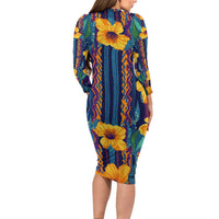 Martinique Map and Hibiscus Family Matching Long Sleeve Bodycon Dress and Hawaiian Shirt Island Silhouette with Tribal Stripe Accents