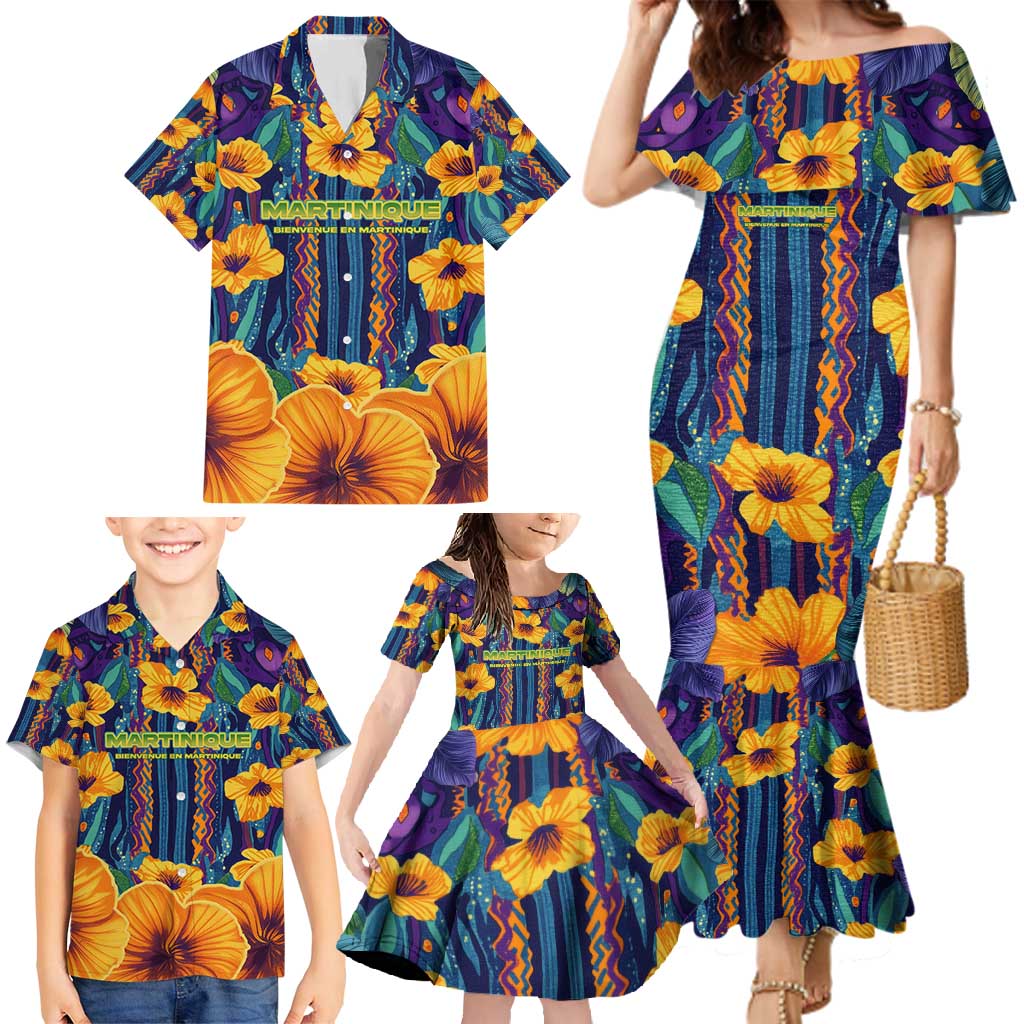 Martinique Map and Hibiscus Family Matching Mermaid Dress and Hawaiian Shirt Island Silhouette with Tribal Stripe Accents