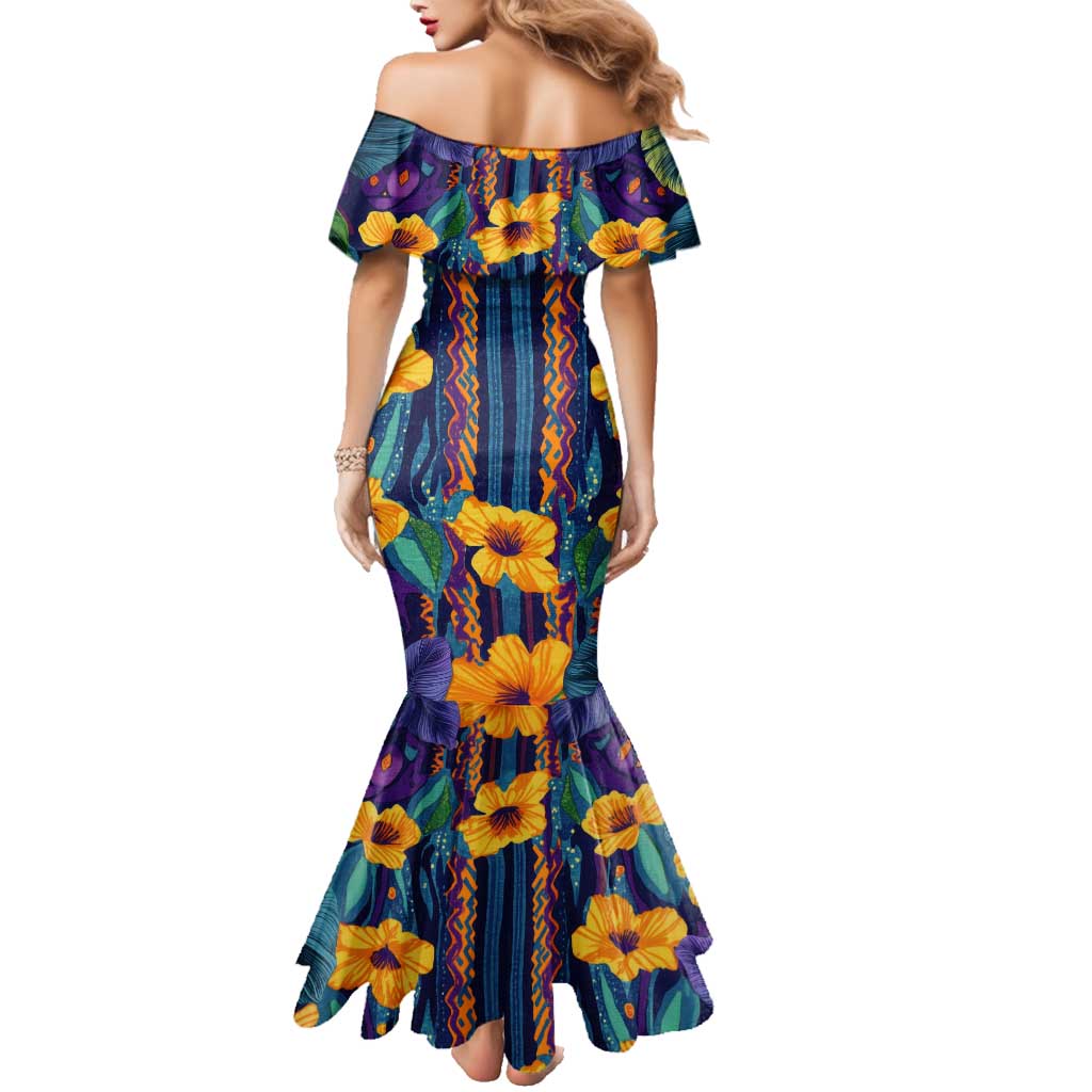 Martinique Map and Hibiscus Family Matching Mermaid Dress and Hawaiian Shirt Island Silhouette with Tribal Stripe Accents