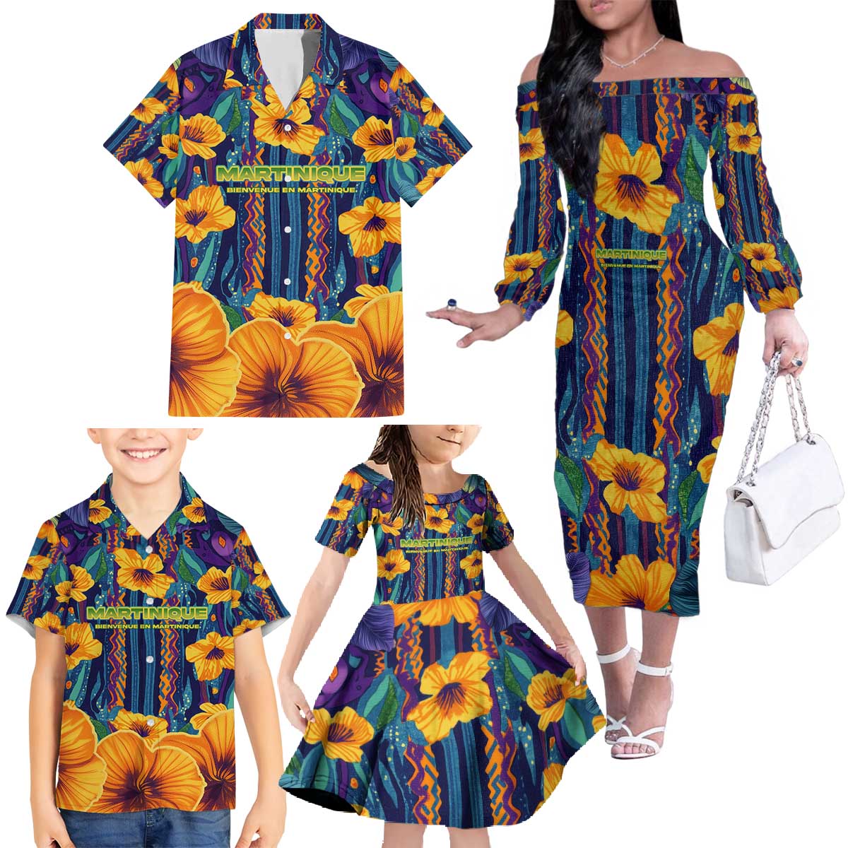 Martinique Map and Hibiscus Family Matching Off The Shoulder Long Sleeve Dress and Hawaiian Shirt Island Silhouette with Tribal Stripe Accents