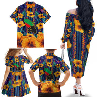 Martinique Map and Hibiscus Family Matching Off The Shoulder Long Sleeve Dress and Hawaiian Shirt Island Silhouette with Tribal Stripe Accents