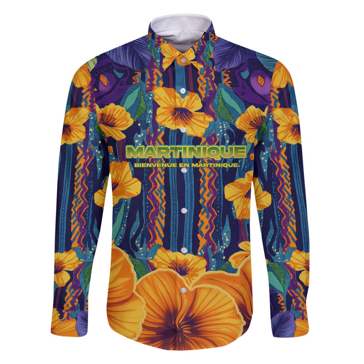 Martinique Map and Hibiscus Family Matching Off The Shoulder Long Sleeve Dress and Hawaiian Shirt Island Silhouette with Tribal Stripe Accents