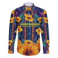 Martinique Map and Hibiscus Family Matching Off The Shoulder Long Sleeve Dress and Hawaiian Shirt Island Silhouette with Tribal Stripe Accents