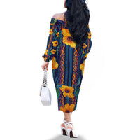 Martinique Map and Hibiscus Family Matching Off The Shoulder Long Sleeve Dress and Hawaiian Shirt Island Silhouette with Tribal Stripe Accents