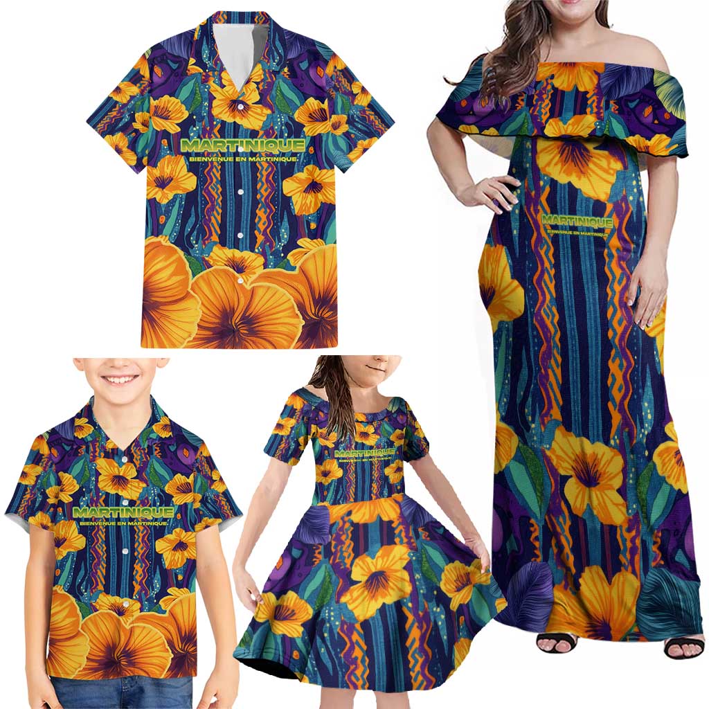 Martinique Map and Hibiscus Family Matching Off Shoulder Maxi Dress and Hawaiian Shirt Island Silhouette with Tribal Stripe Accents