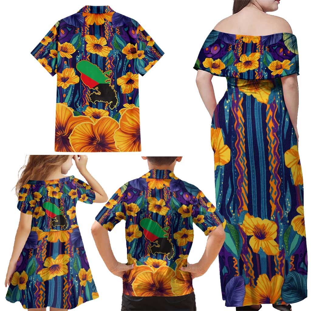 Martinique Map and Hibiscus Family Matching Off Shoulder Maxi Dress and Hawaiian Shirt Island Silhouette with Tribal Stripe Accents