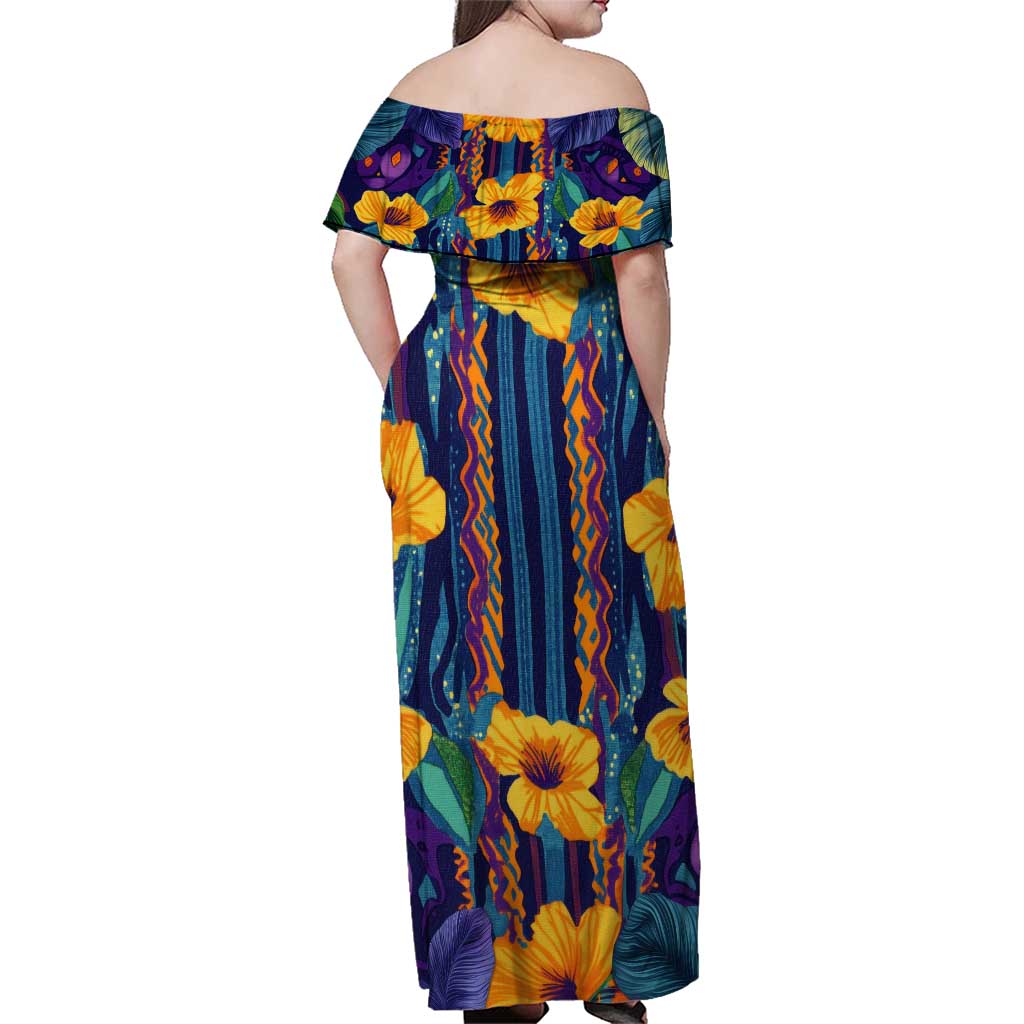 Martinique Map and Hibiscus Family Matching Off Shoulder Maxi Dress and Hawaiian Shirt Island Silhouette with Tribal Stripe Accents