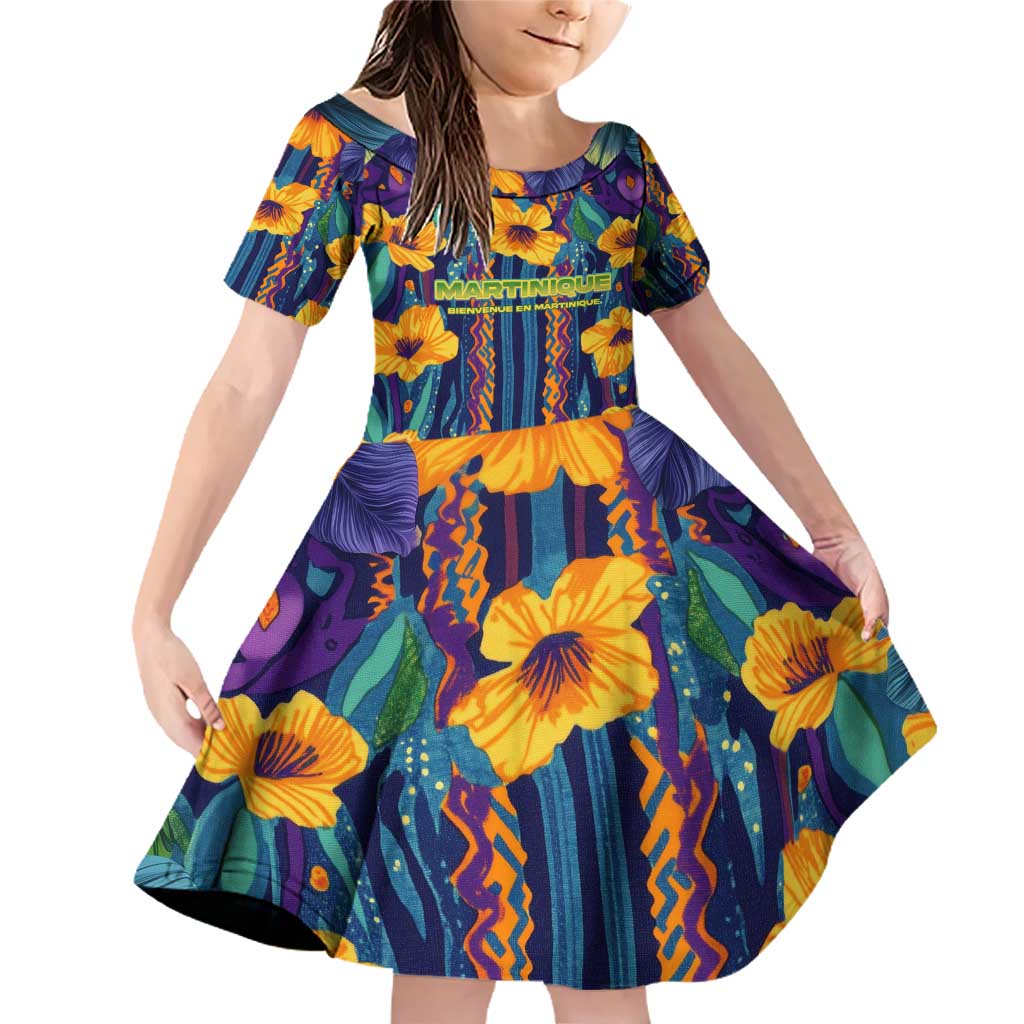Martinique Map and Hibiscus Family Matching Off Shoulder Short Dress and Hawaiian Shirt Island Silhouette with Tribal Stripe Accents