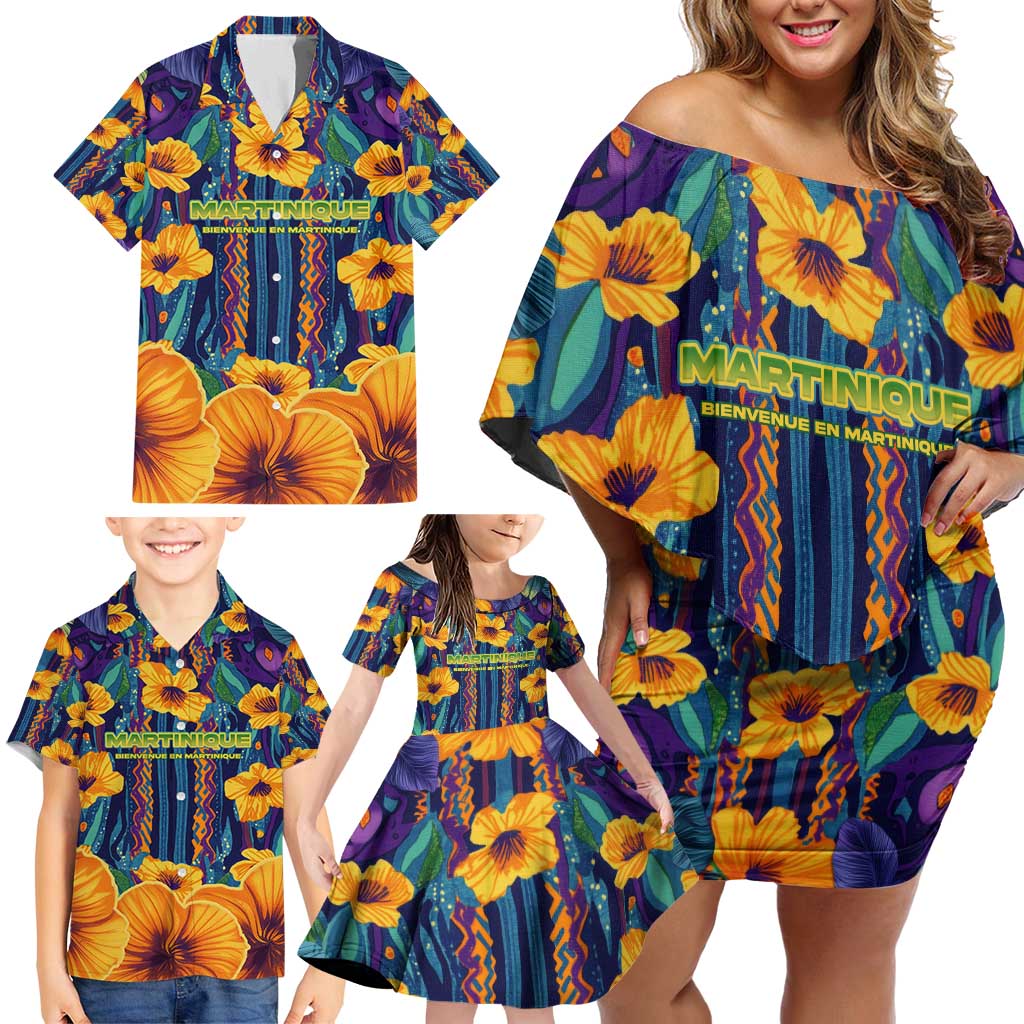 Martinique Map and Hibiscus Family Matching Off Shoulder Short Dress and Hawaiian Shirt Island Silhouette with Tribal Stripe Accents