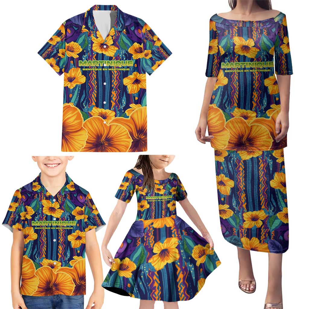 Martinique Map and Hibiscus Family Matching Puletasi and Hawaiian Shirt Island Silhouette with Tribal Stripe Accents