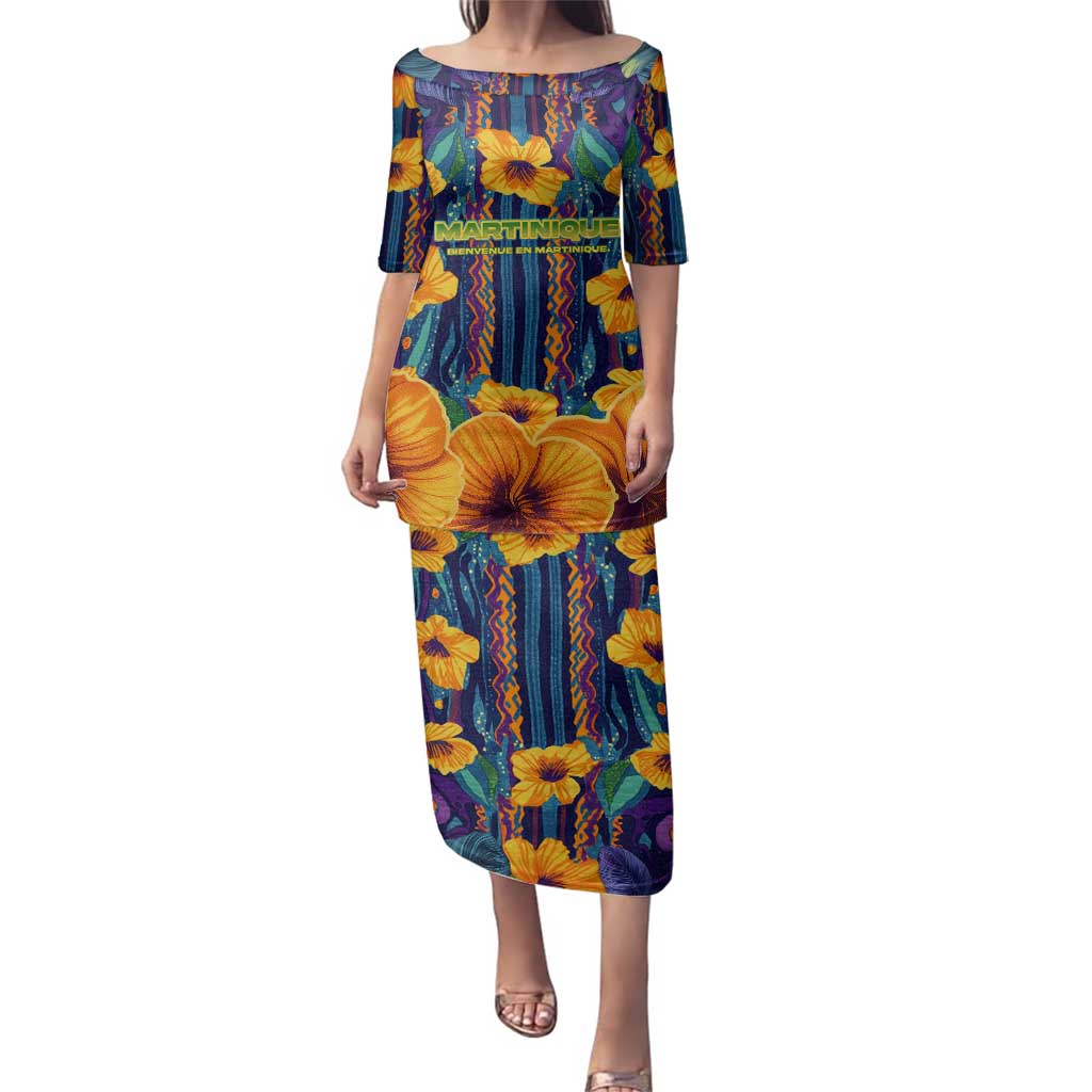 Martinique Map and Hibiscus Family Matching Puletasi and Hawaiian Shirt Island Silhouette with Tribal Stripe Accents