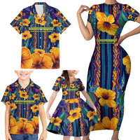 Martinique Map and Hibiscus Family Matching Short Sleeve Bodycon Dress and Hawaiian Shirt Island Silhouette with Tribal Stripe Accents