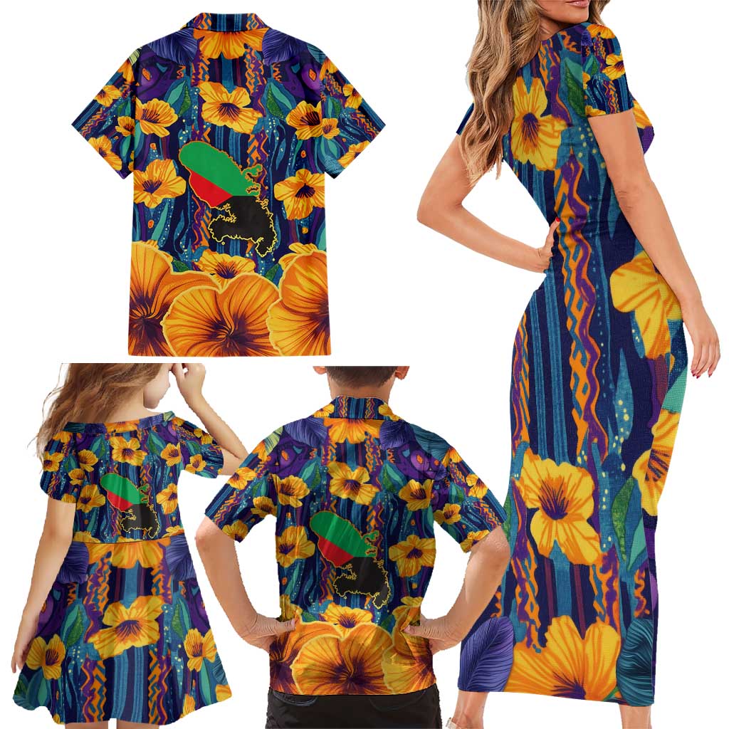 Martinique Map and Hibiscus Family Matching Short Sleeve Bodycon Dress and Hawaiian Shirt Island Silhouette with Tribal Stripe Accents