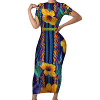 Martinique Map and Hibiscus Family Matching Short Sleeve Bodycon Dress and Hawaiian Shirt Island Silhouette with Tribal Stripe Accents