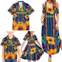 Martinique Map and Hibiscus Family Matching Summer Maxi Dress and Hawaiian Shirt Island Silhouette with Tribal Stripe Accents