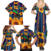 Martinique Map and Hibiscus Family Matching Summer Maxi Dress and Hawaiian Shirt Island Silhouette with Tribal Stripe Accents