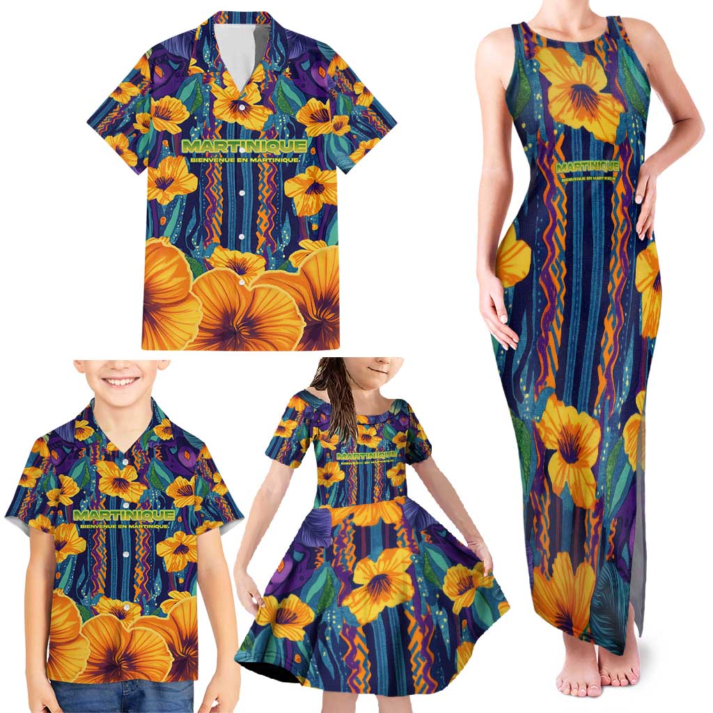 Martinique Map and Hibiscus Family Matching Tank Maxi Dress and Hawaiian Shirt Island Silhouette with Tribal Stripe Accents