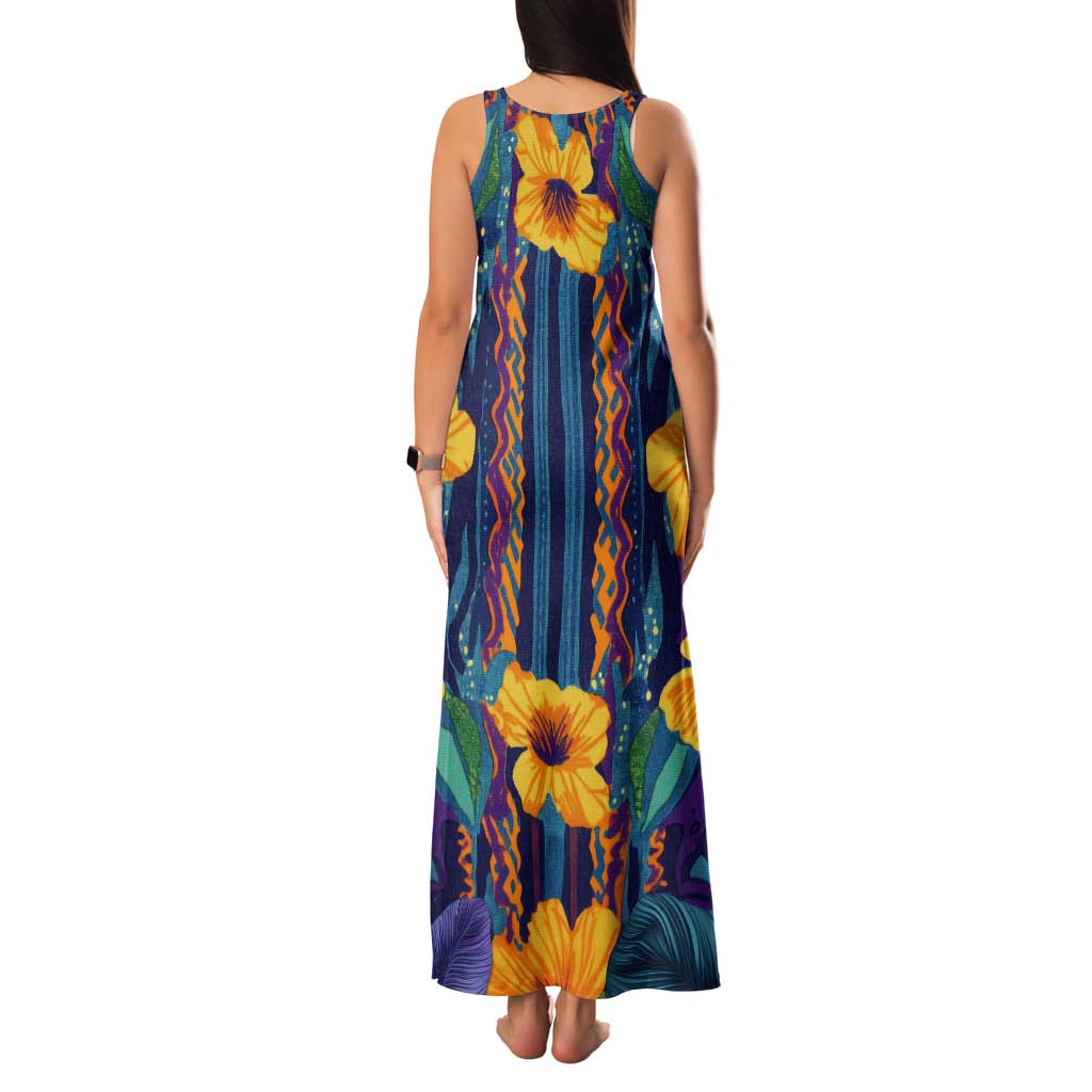 Martinique Map and Hibiscus Family Matching Tank Maxi Dress and Hawaiian Shirt Island Silhouette with Tribal Stripe Accents