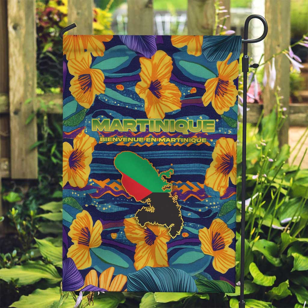 Martinique Map and Hibiscus Garden Flag Island Silhouette with Tribal Stripe Accents