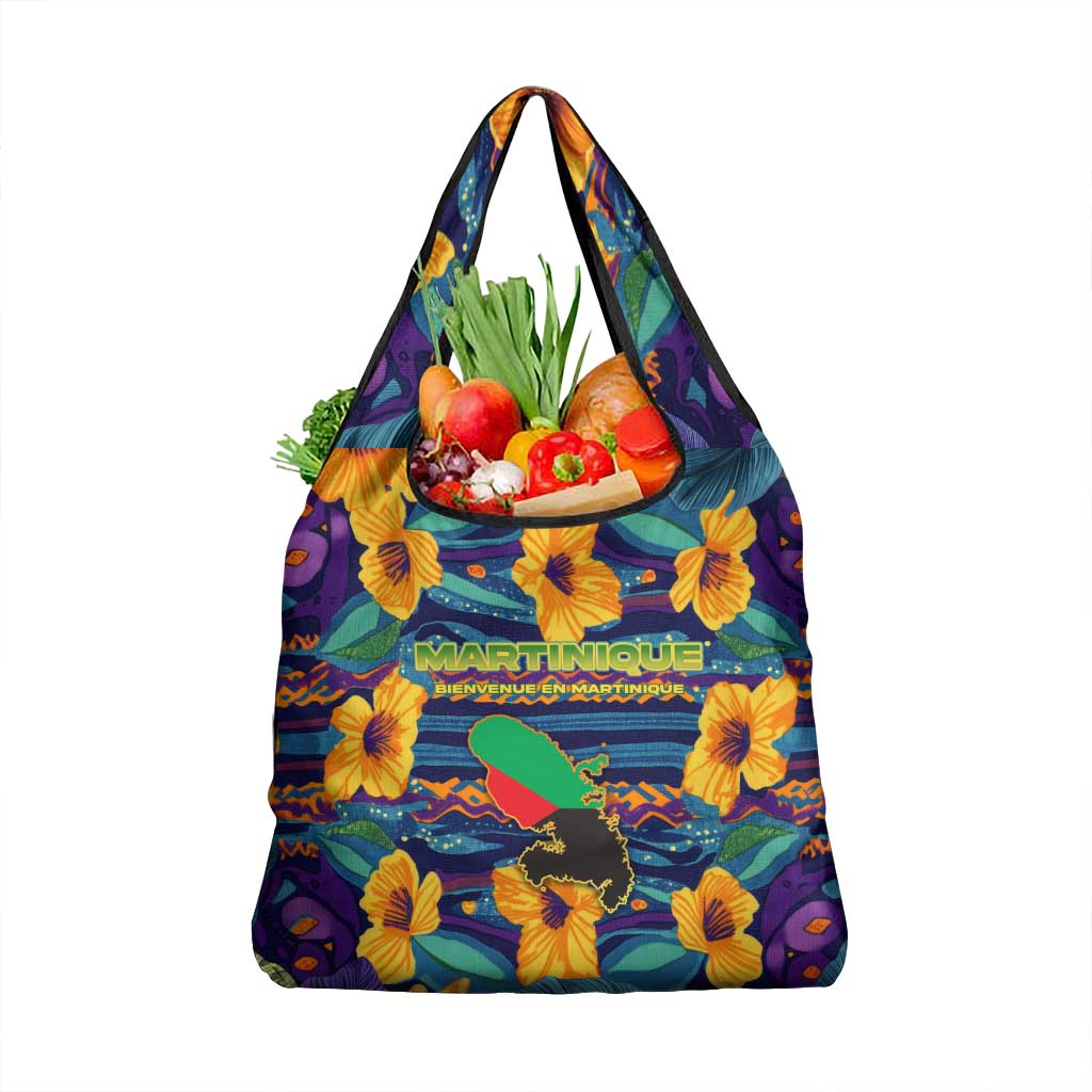 Martinique Map and Hibiscus Grocery Bag Island Silhouette with Tribal Stripe Accents
