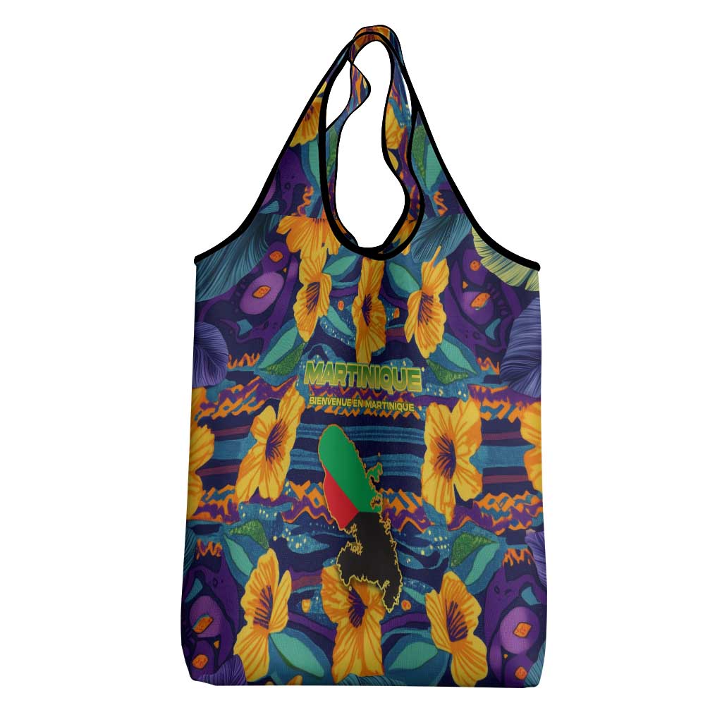 Martinique Map and Hibiscus Grocery Bag Island Silhouette with Tribal Stripe Accents