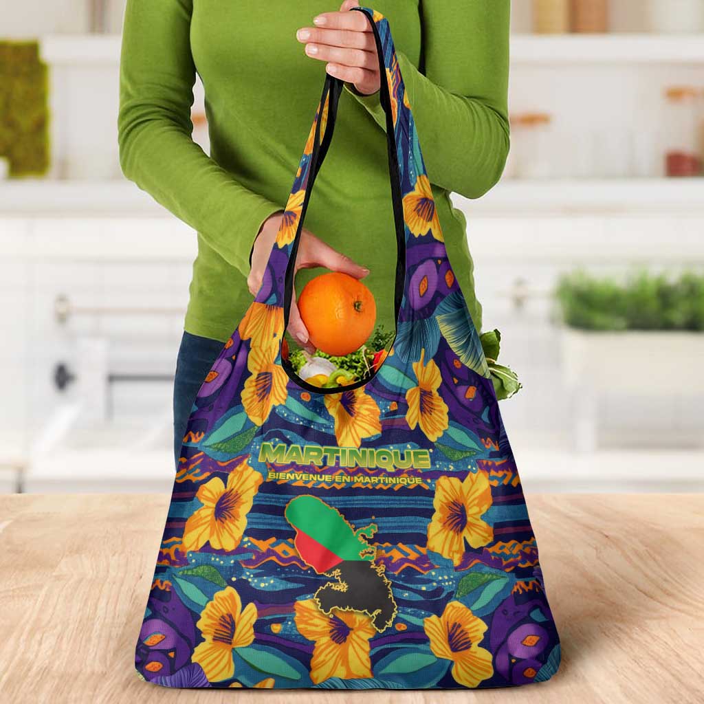 Martinique Map and Hibiscus Grocery Bag Island Silhouette with Tribal Stripe Accents