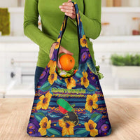 Martinique Map and Hibiscus Grocery Bag Island Silhouette with Tribal Stripe Accents