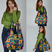 Martinique Map and Hibiscus Grocery Bag Island Silhouette with Tribal Stripe Accents