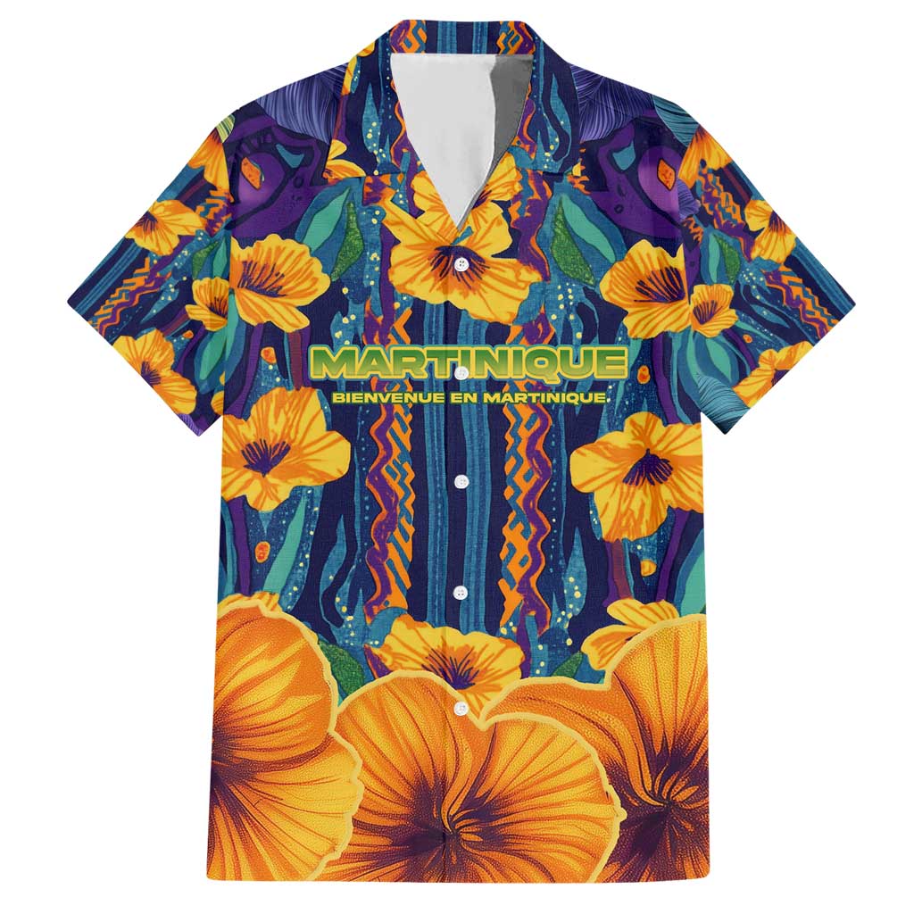 Martinique Map and Hibiscus Hawaiian Shirt Island Silhouette with Tribal Stripe Accents