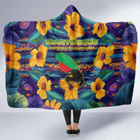 Martinique Map and Hibiscus Hooded Blanket Island Silhouette with Tribal Stripe Accents