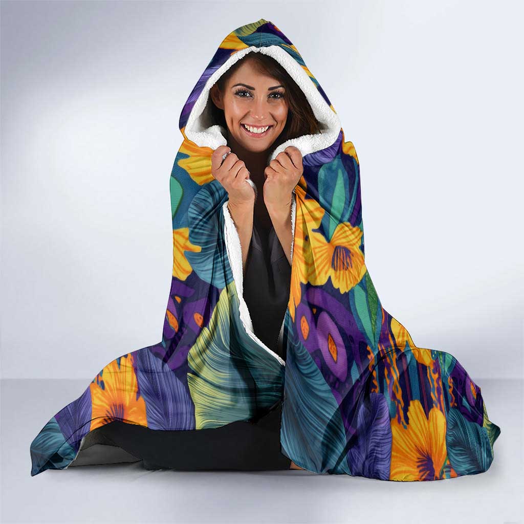 Martinique Map and Hibiscus Hooded Blanket Island Silhouette with Tribal Stripe Accents
