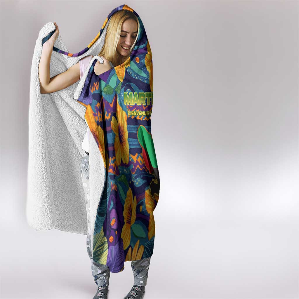 Martinique Map and Hibiscus Hooded Blanket Island Silhouette with Tribal Stripe Accents