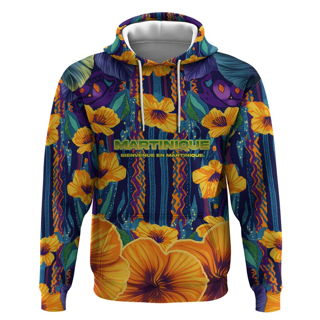 Martinique Map and Hibiscus Hoodie Island Silhouette with Tribal Stripe Accents