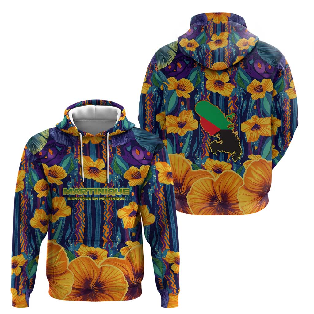 Martinique Map and Hibiscus Hoodie Island Silhouette with Tribal Stripe Accents