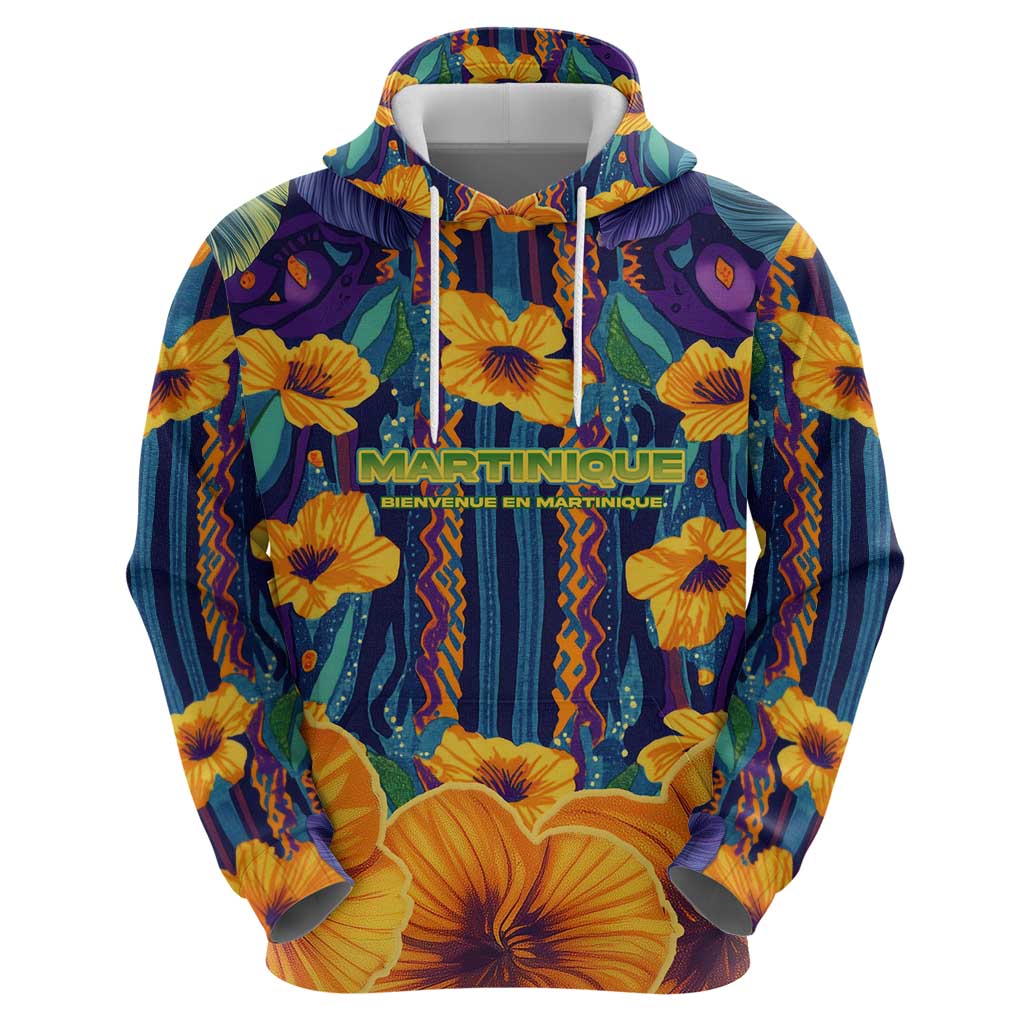 Martinique Map and Hibiscus Hoodie Island Silhouette with Tribal Stripe Accents