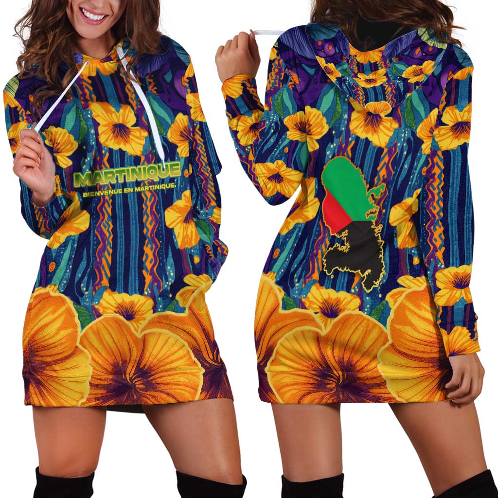 Martinique Map and Hibiscus Hoodie Dress Island Silhouette with Tribal Stripe Accents