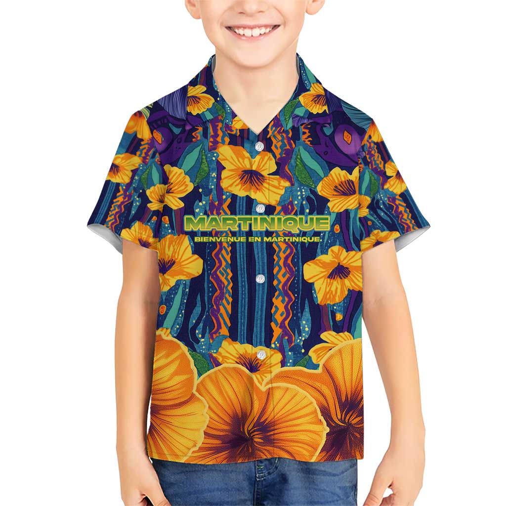 Martinique Map and Hibiscus Kid Hawaiian Shirt Island Silhouette with Tribal Stripe Accents