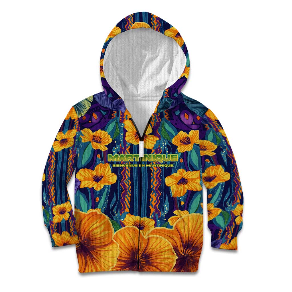 Martinique Map and Hibiscus Kid Hoodie Island Silhouette with Tribal Stripe Accents