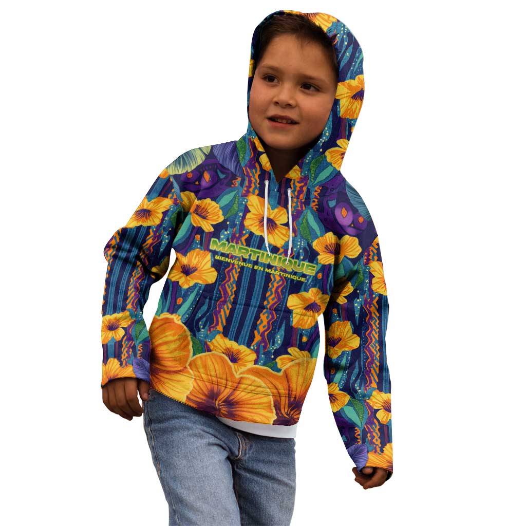 Martinique Map and Hibiscus Kid Hoodie Island Silhouette with Tribal Stripe Accents