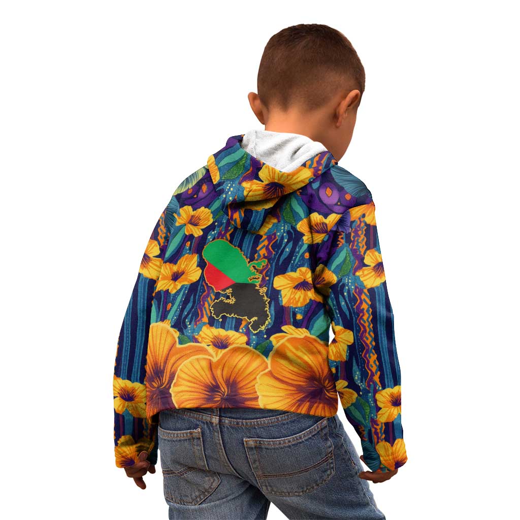 Martinique Map and Hibiscus Kid Hoodie Island Silhouette with Tribal Stripe Accents