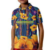 Martinique Map and Hibiscus Kid Polo Shirt Island Silhouette with Tribal Stripe Accents