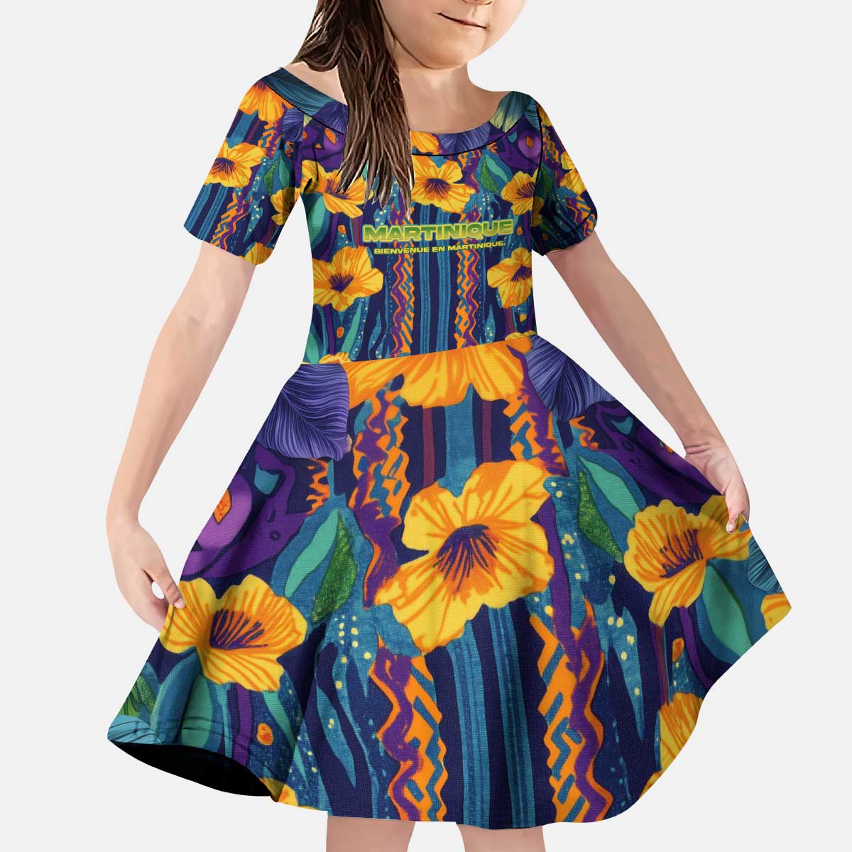 Martinique Map and Hibiscus Kid Short Sleeve Dress Island Silhouette with Tribal Stripe Accents