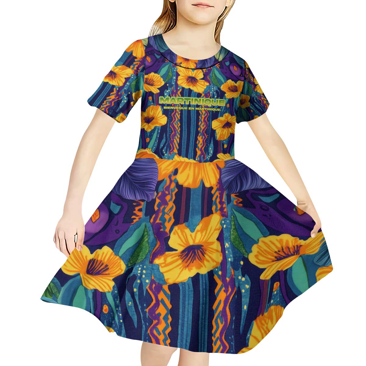Martinique Map and Hibiscus Kid Short Sleeve Dress Island Silhouette with Tribal Stripe Accents