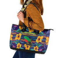 Martinique Map and Hibiscus Leather Tote Bag Island Silhouette with Tribal Stripe Accents