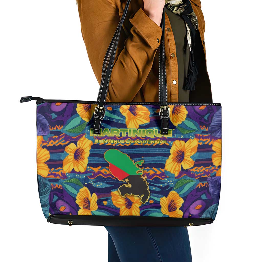 Martinique Map and Hibiscus Leather Tote Bag Island Silhouette with Tribal Stripe Accents